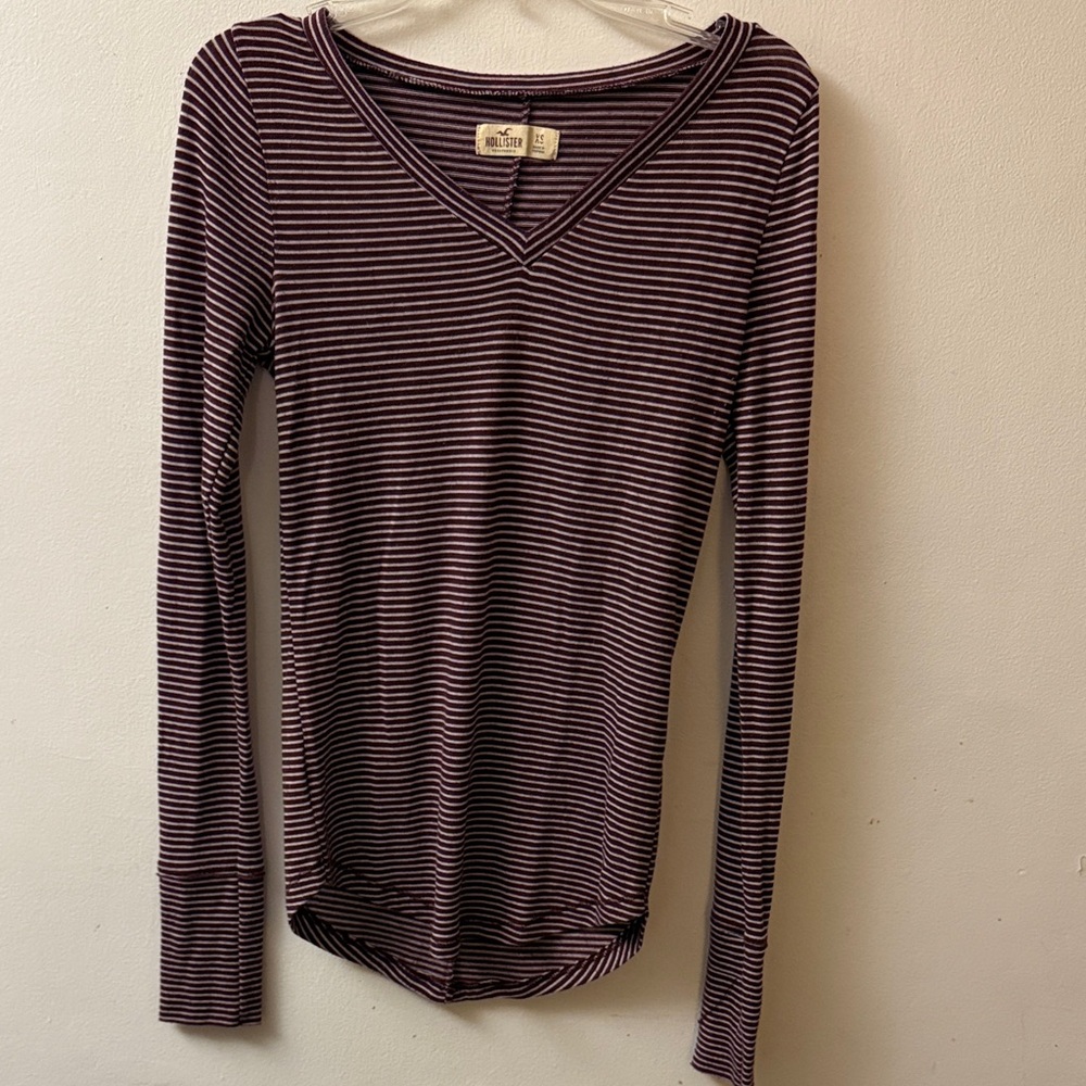 Hollister Burgundy Striped V-Neck Long Sleeve Top
